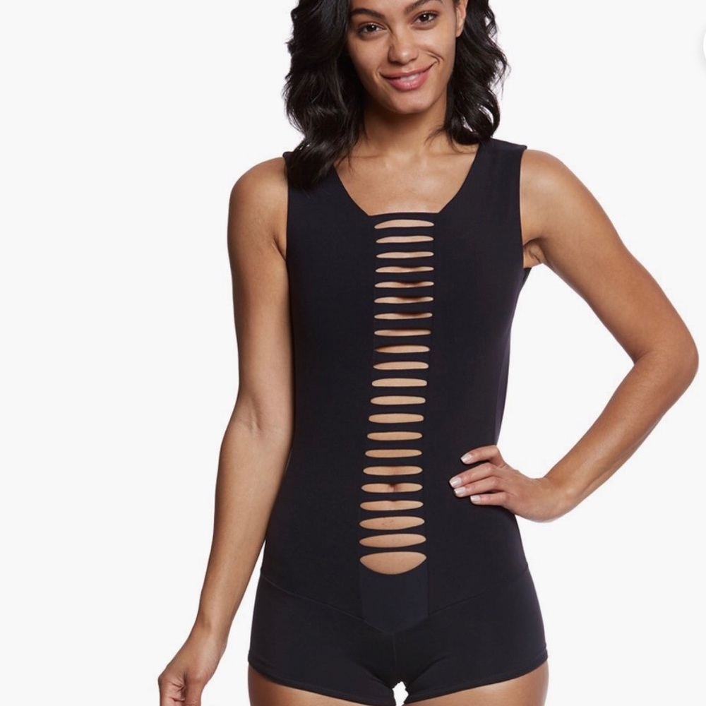 Mika Yoga Wear Black Short Cutout Bodysuit